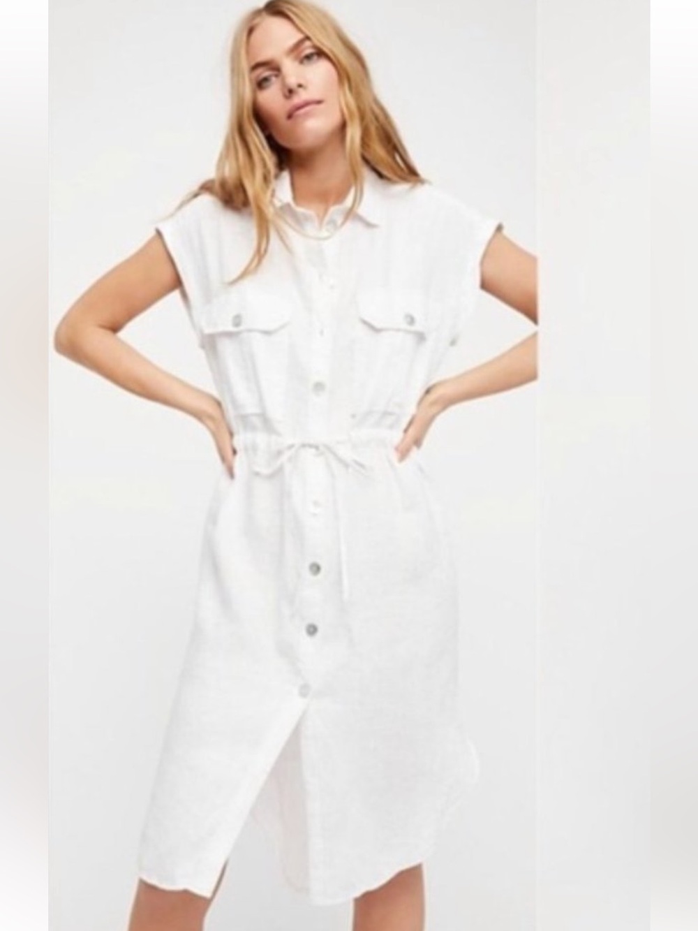 Free People White Linen Button-Front Top
